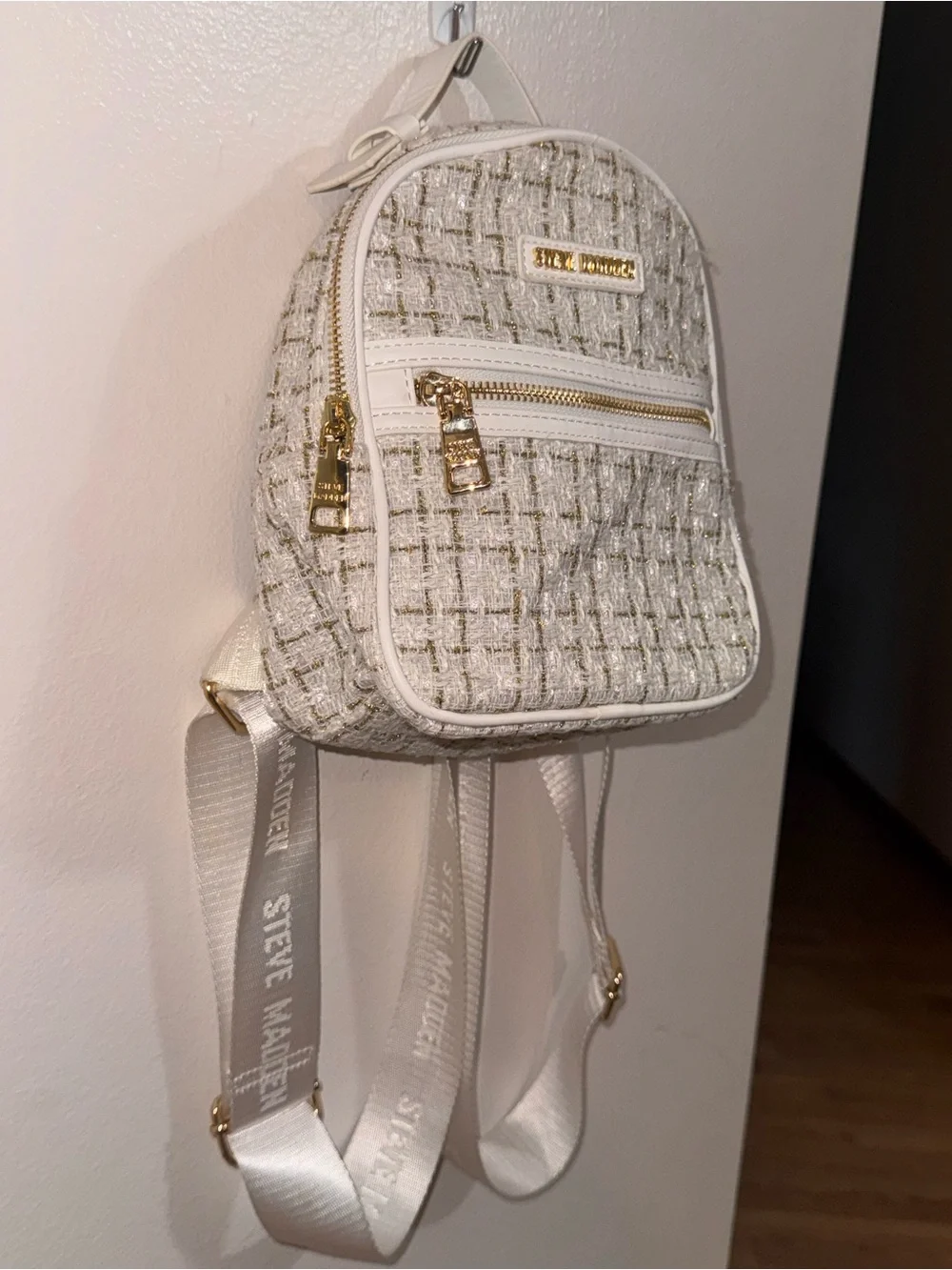 Steve Madden Mini Tweed Backpack White Gold Metallic Bag